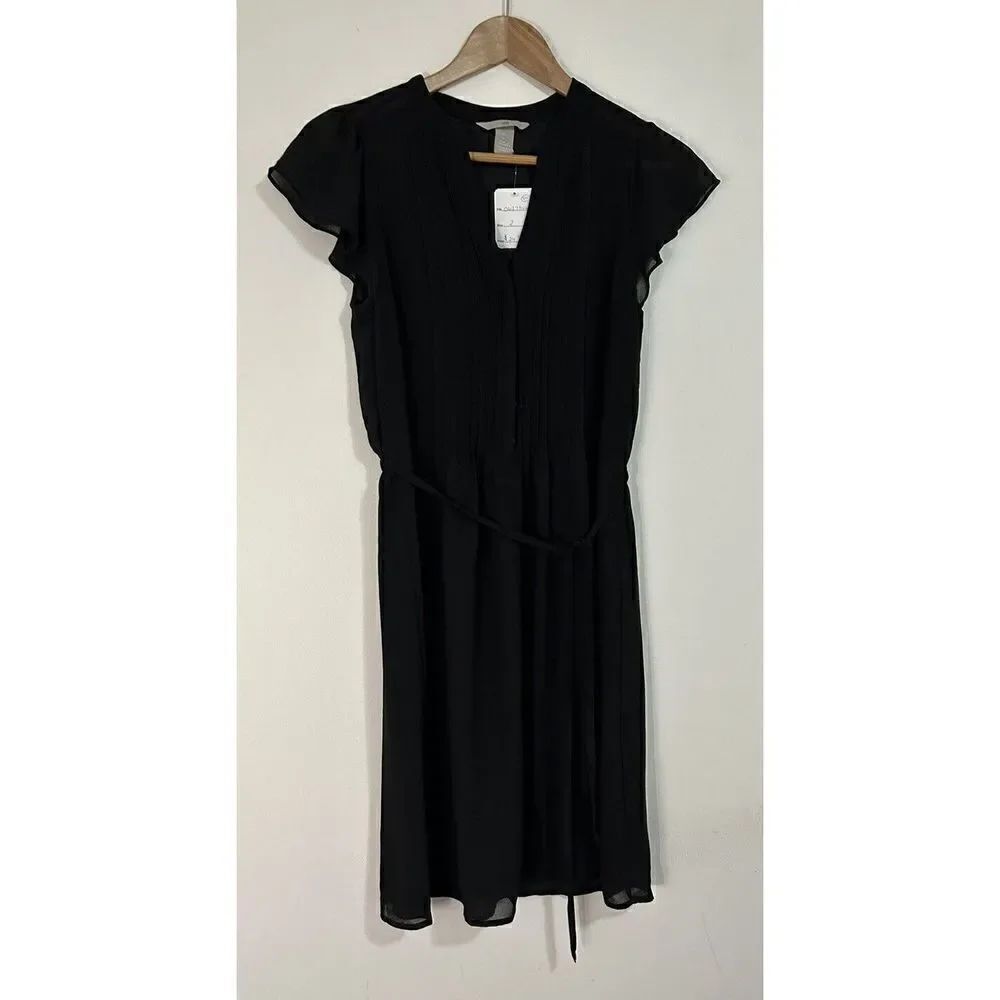H&M Womens A Line Mini Dress Cap Sleeve V Neck Pleated Tie Waist Size 2